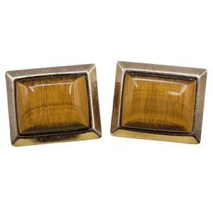 Tigers Eye Mens Cufflinks Toggle Clasp Vintage Signed